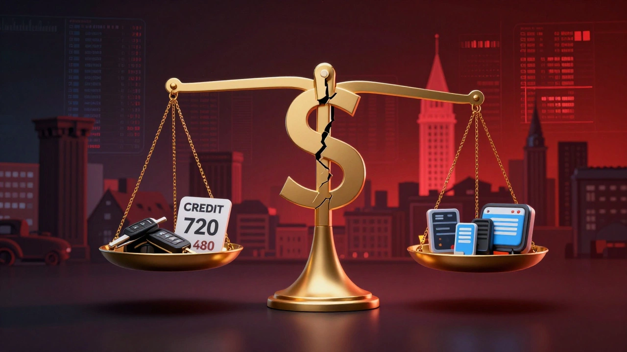 Balance scale weighing low credit score against guarantor and collateral in Irish urban setting.