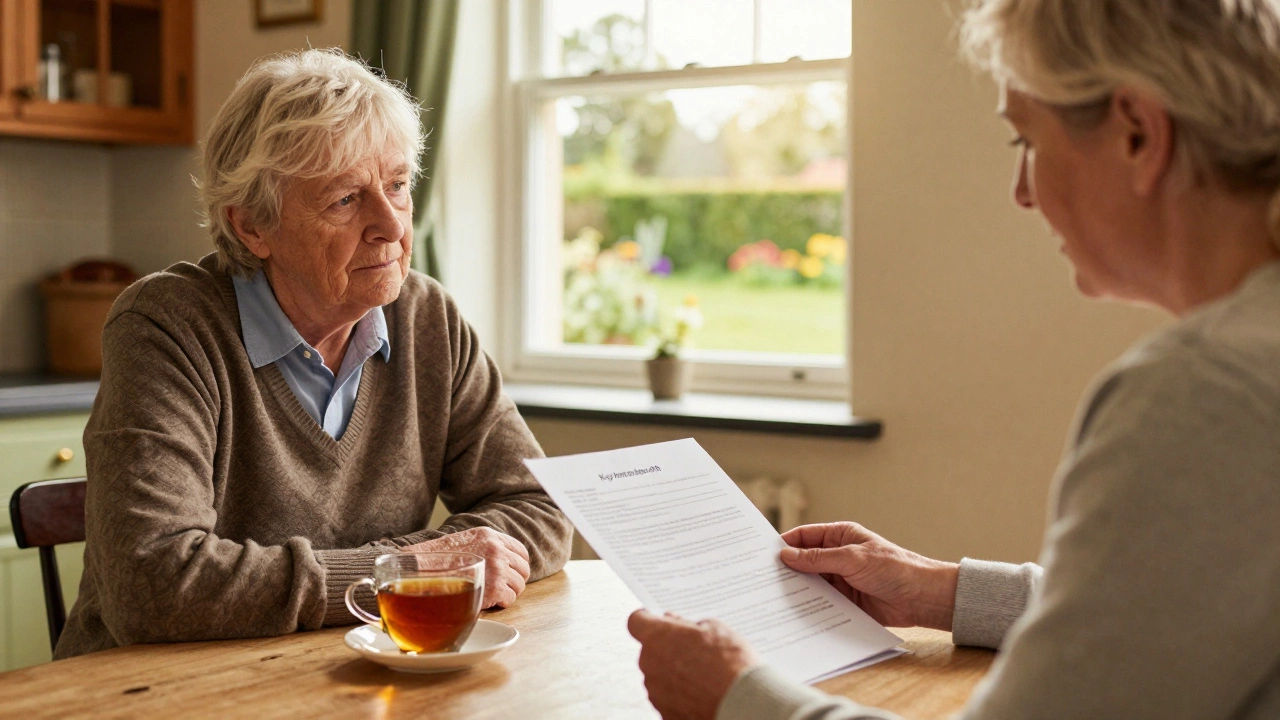 Elderly couple reviewing financial document with advisor at kitchen table, warm lighting, Irish home setting.