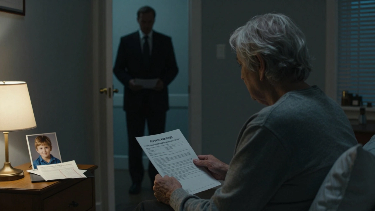 Elderly person reviewing reverse mortgage contract at night with medical bill and family photo nearby.