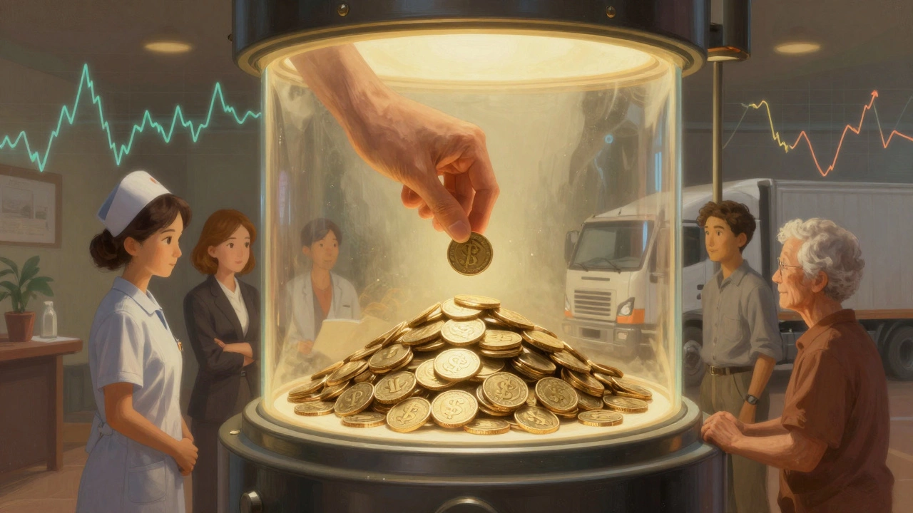 Everyday people deposit coins into a vault where money silently multiplies over time.