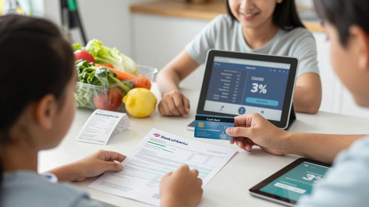 Family reviewing bills with Bank of America cash back card on kitchen counter.
