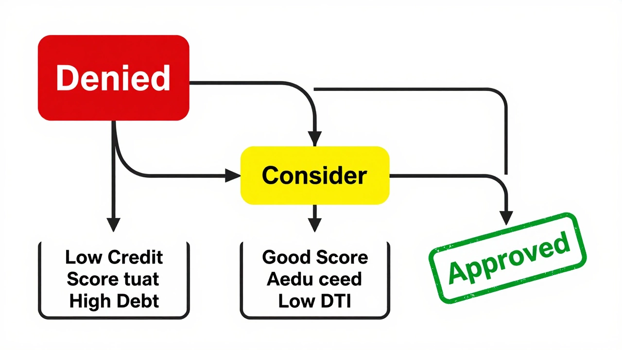 Flowchart with three paths showing denied, considered, and approved debt consolidation outcomes.