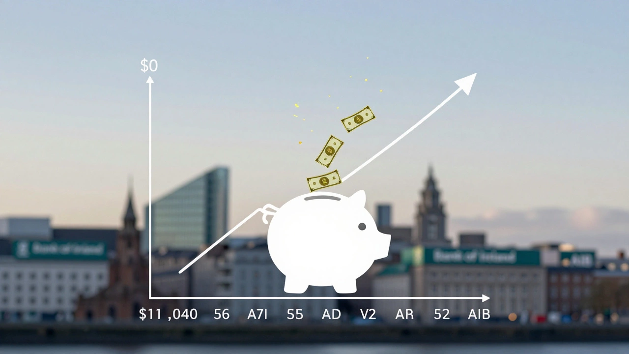 Growth chart showing weekly  deposits turning into ,040 with interest sparks, set against Irish bank logos.