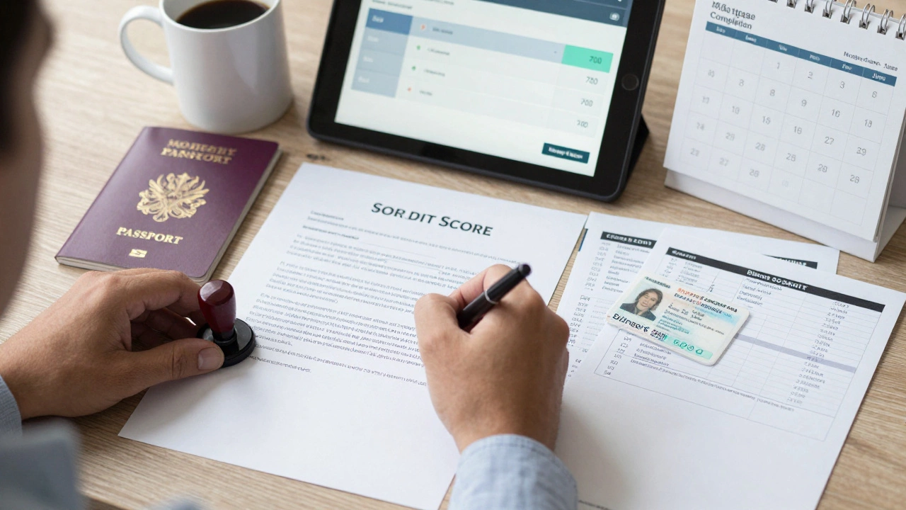 Hands signing legal papers with ID, bank statements, and credit score visible.