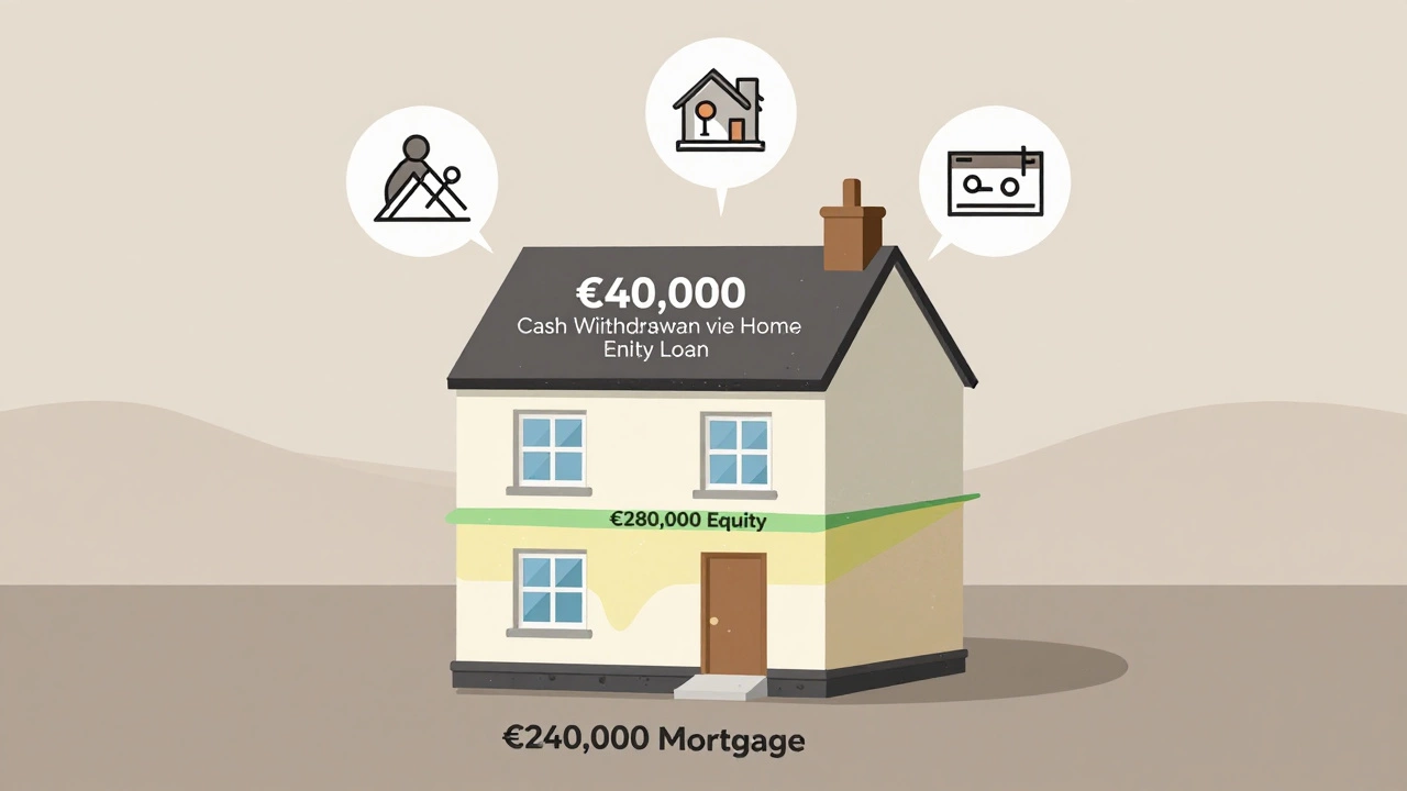 House with color-coded financial layers showing mortgage, equity, and cash withdrawn via home equity loan.
