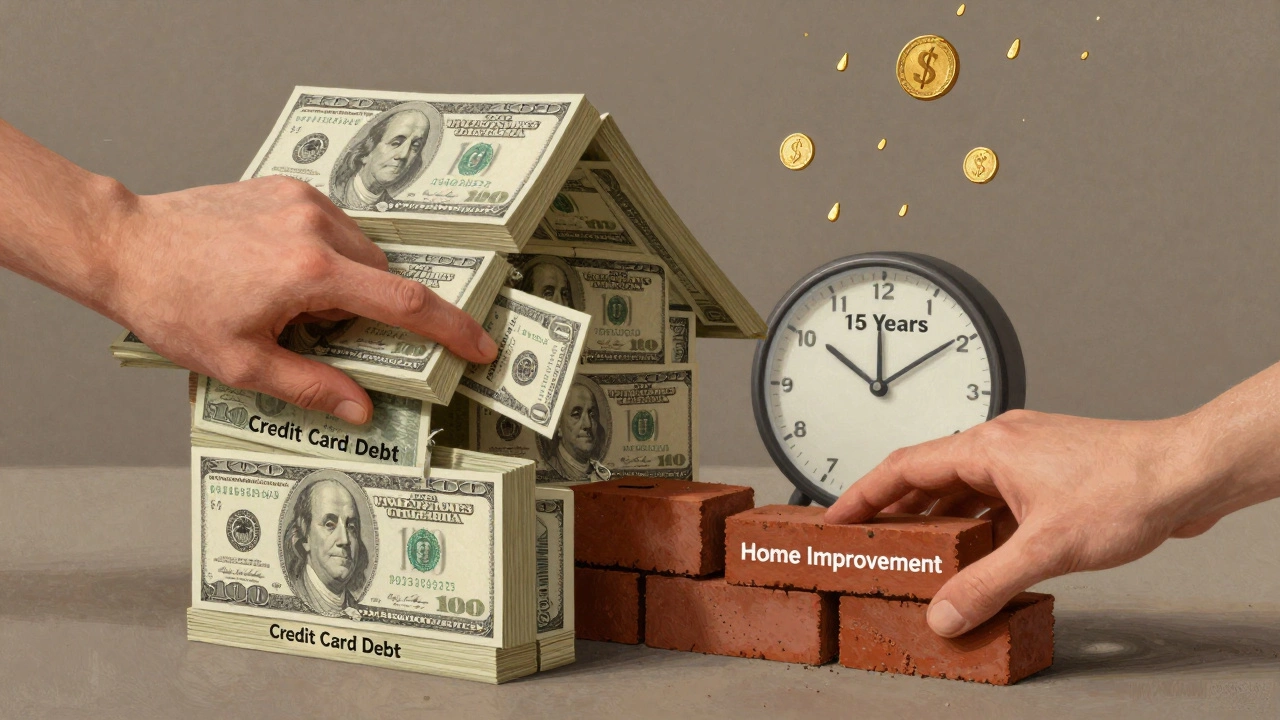 House with dollar bill walls, one wall being removed by credit card debt, another reinforced by home improvement.