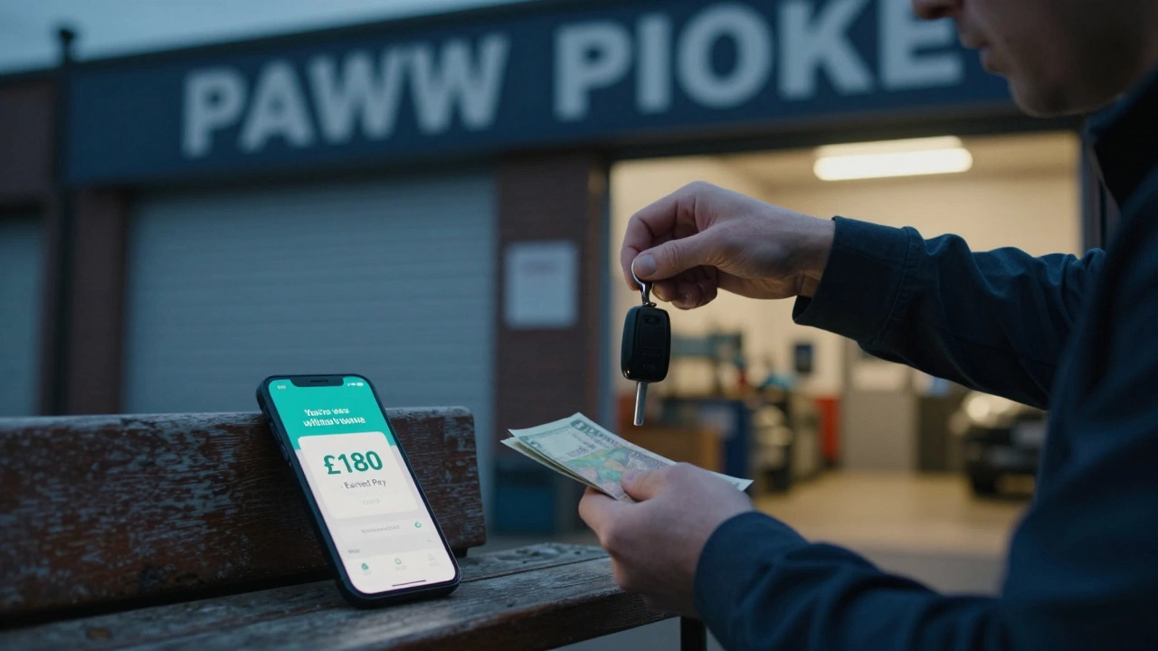 Individual paying mechanic with cash while PayActiv notification appears on phone