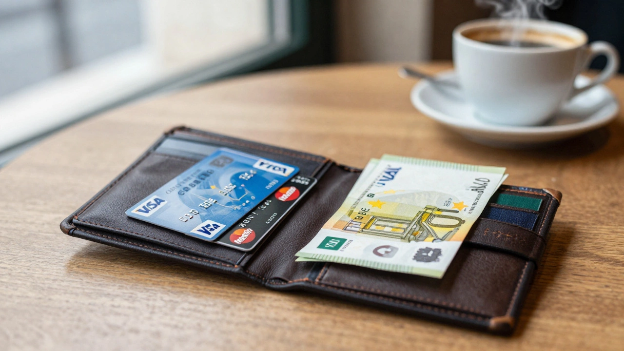 Open wallet showing Visa and Mastercard alongside cash and an unused Discover card in a Lisbon café.