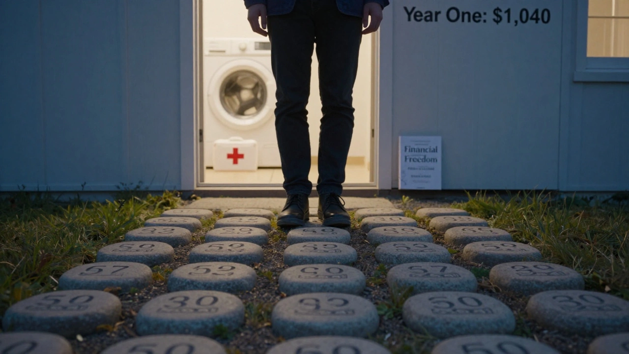 Path of 52 stones leading to a door marked ,040, revealing emergency essentials and financial growth beyond.