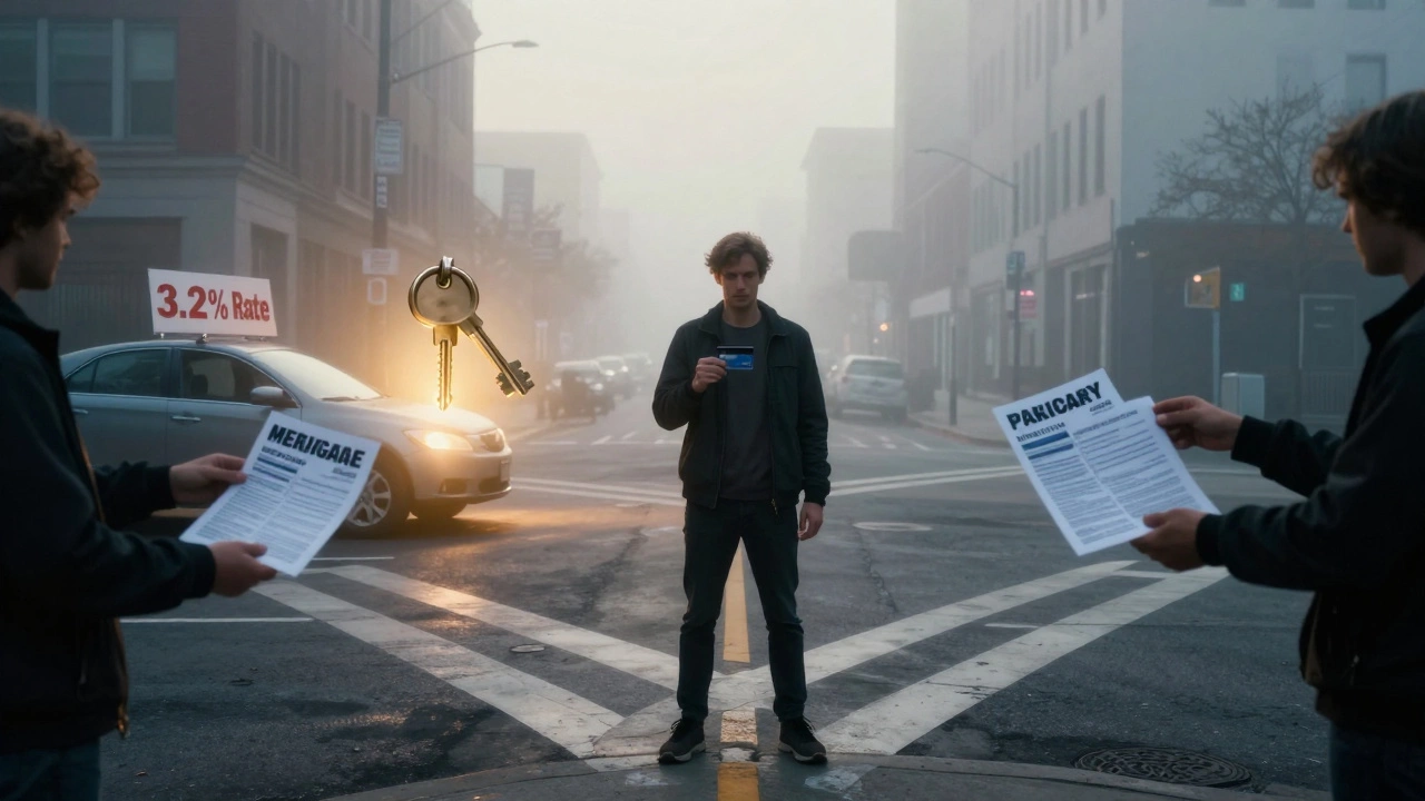 Person at crossroads choosing between financial recovery and new debt, holding one credit card