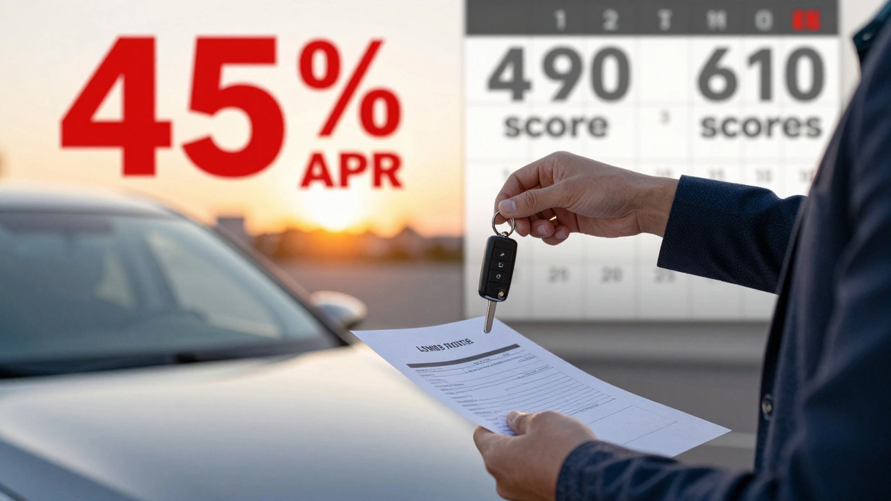 Person receiving car key from dealership with loan terms and improved credit score timeline visible.