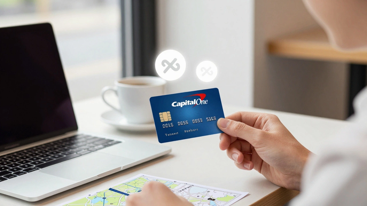 Person using Capital One Venture card to pay for coffee in a cozy café.