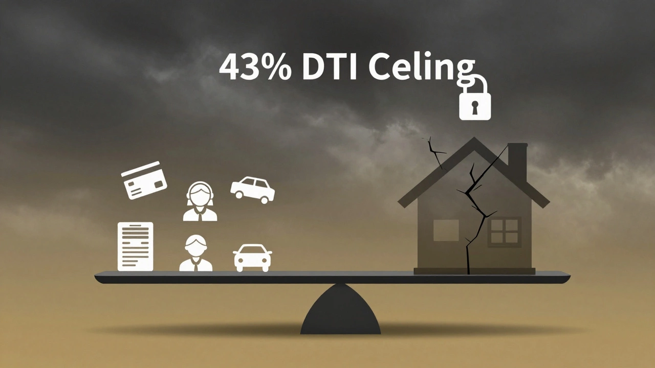 Scale balancing a house against debt symbols, tipped down by a &#039;43% DTI Ceiling&#039; lock, symbolic of lending barriers.