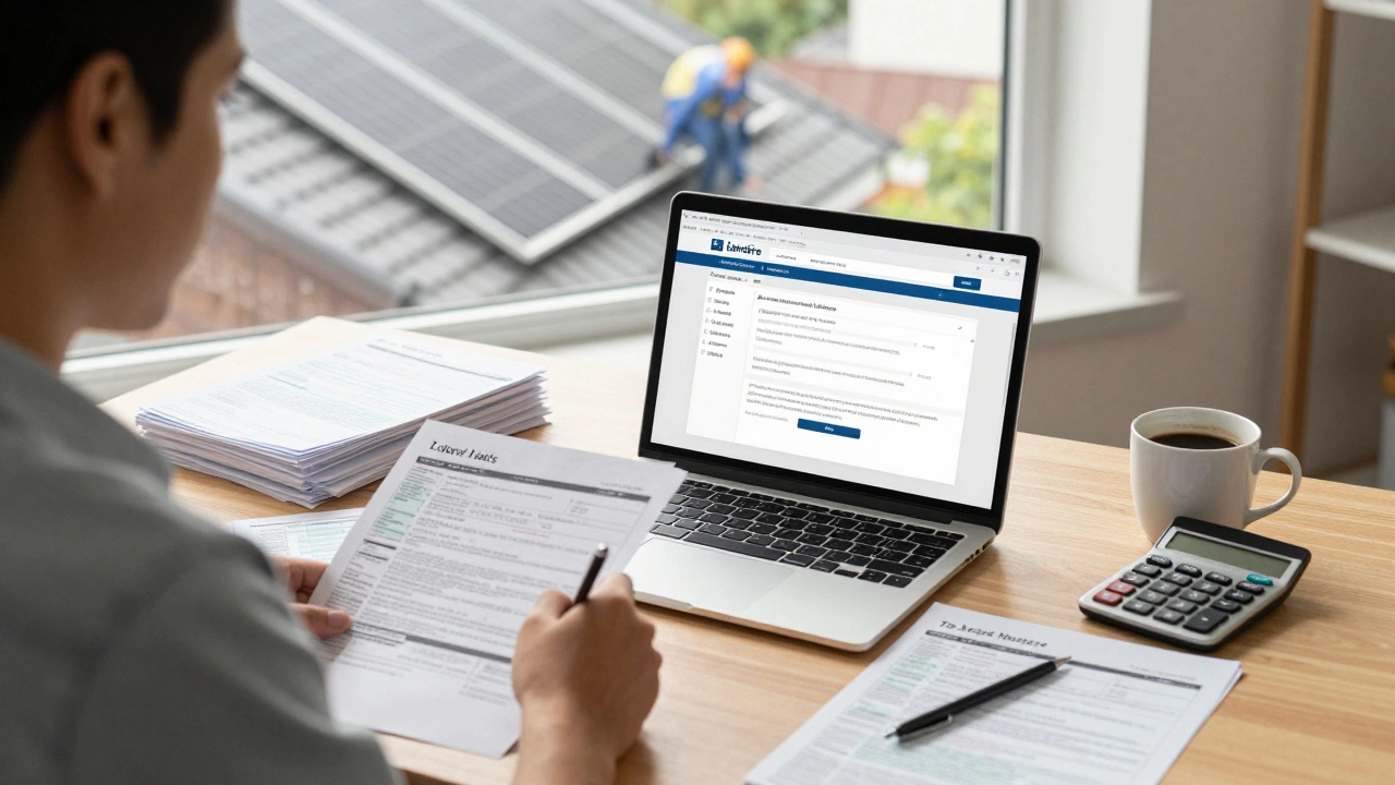 Self-employed person at home office reviewing tax documents, solar panels visible through window as sign of approved use.