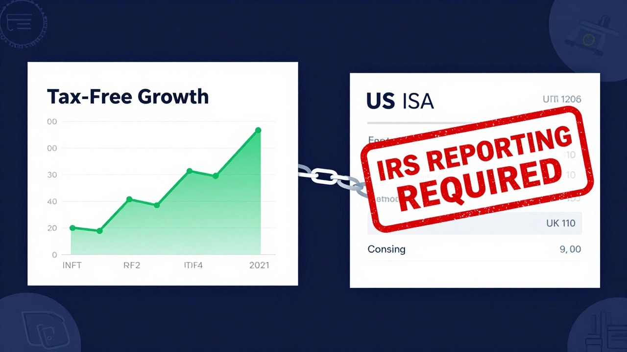 Split-screen comparing a US Roth IRA with a flagged UK ISA under IRS scrutiny.