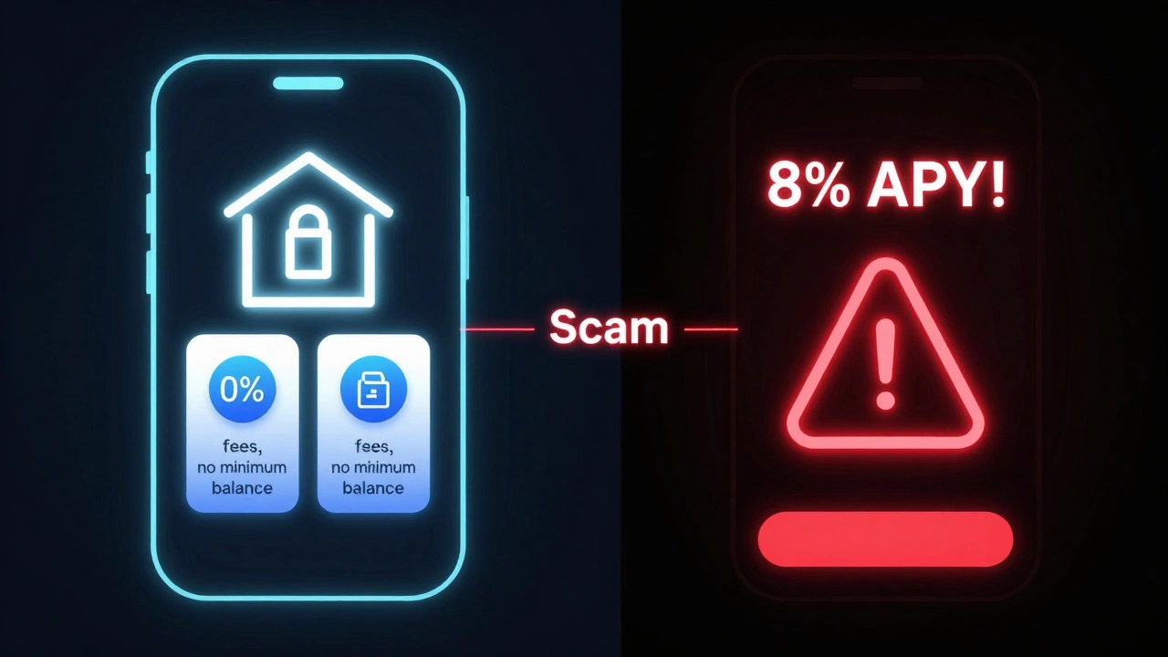 Split-screen: secure bank app vs. fraudulent high-yield scam app.