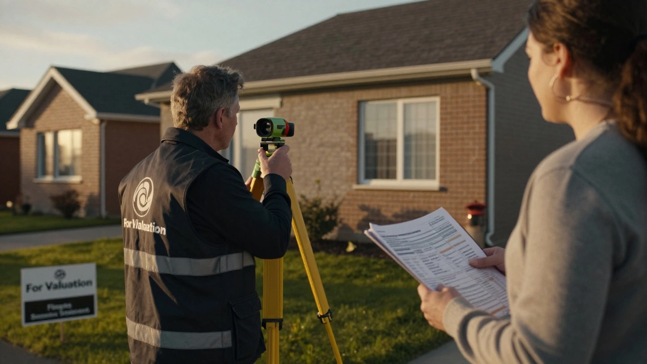 Surveyor measuring a house exterior while homeowner holds renovation receipts.