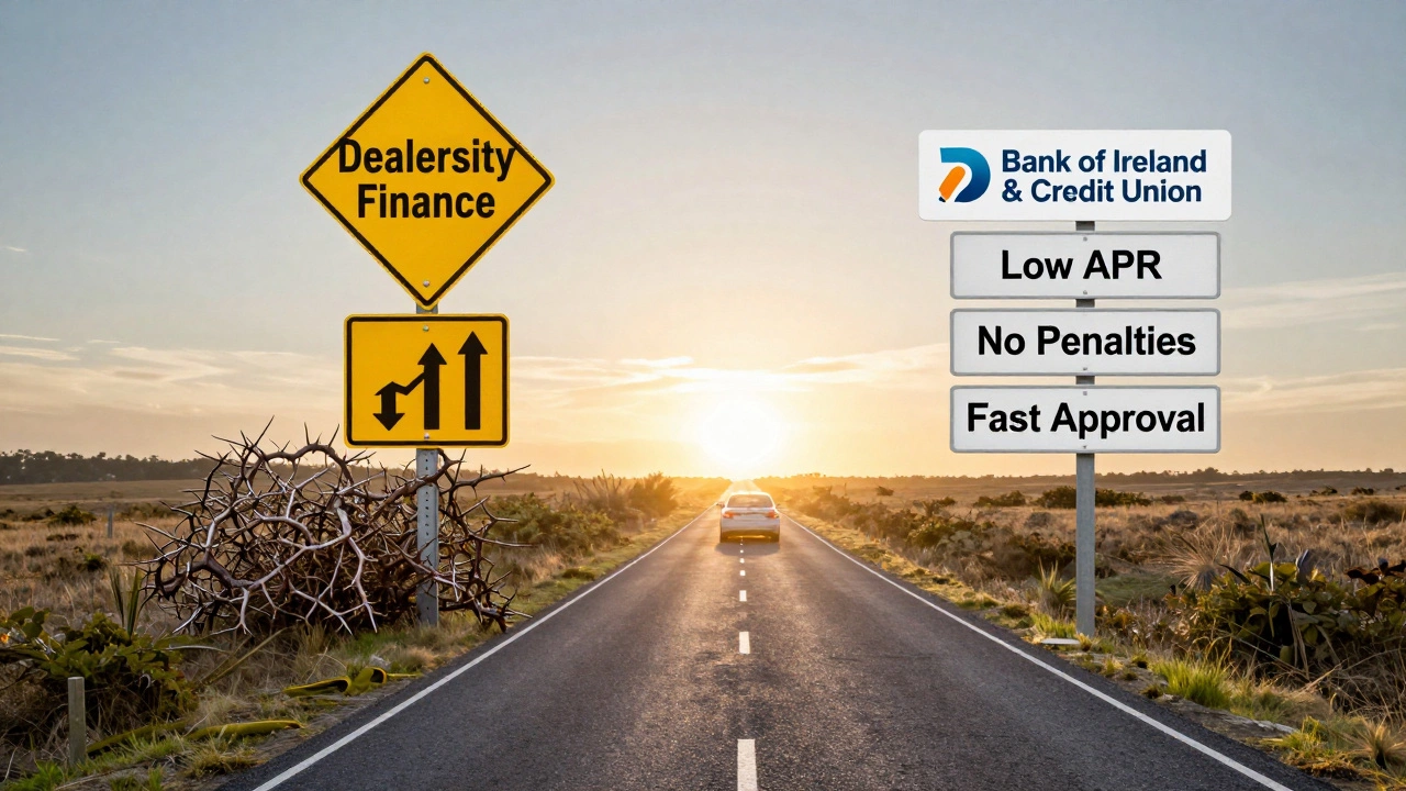 Symbolic path showing two financial choices: one with obstacles, one clear and bright leading to a car on road.