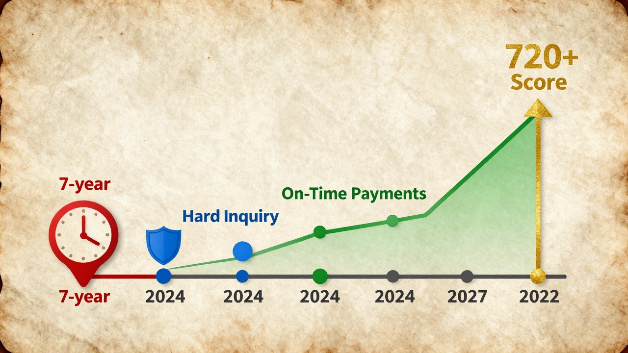 Timeline with symbolic icons showing credit damage over seven years and gradual recovery to high score