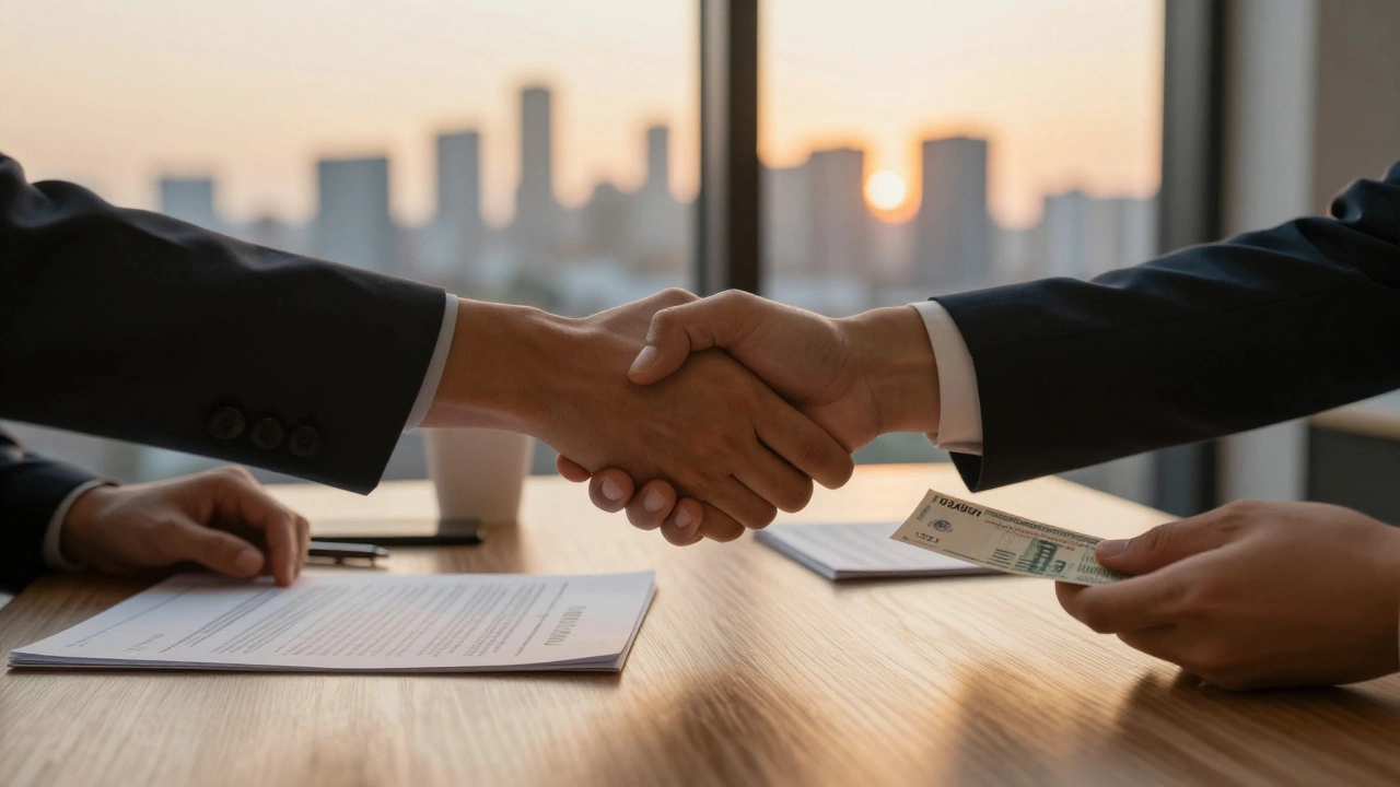 Two hands shaking over a loan agreement with pay stub and bank statement on desk.