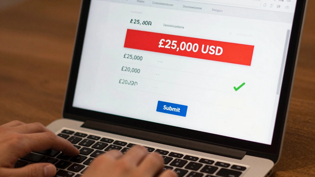 A laptop screen showing an ISA dashboard with a warning about exceeding the £20,000 limit in USD.