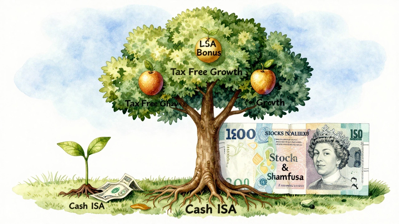 A symbolic tree growing from a banknote, representing smart ISA allocation with cash, stocks, and government bonus.