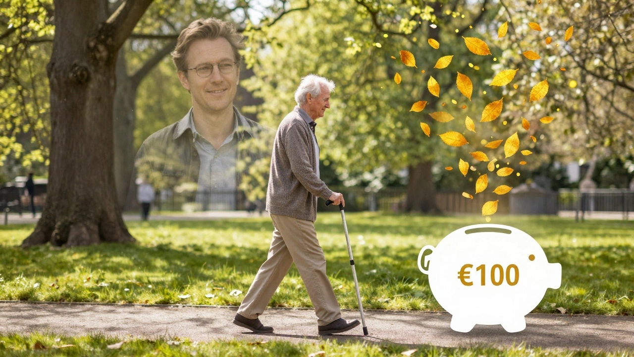 An older person walking in a park as translucent images show their younger self saving for retirement.