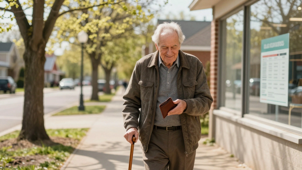 Elderly man walking in park, smiling, with subtle reflection of annuity payments
