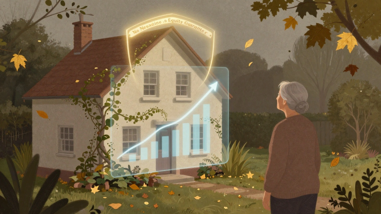 Elderly woman in garden with floating interest vines growing up her house and a protective shield above.