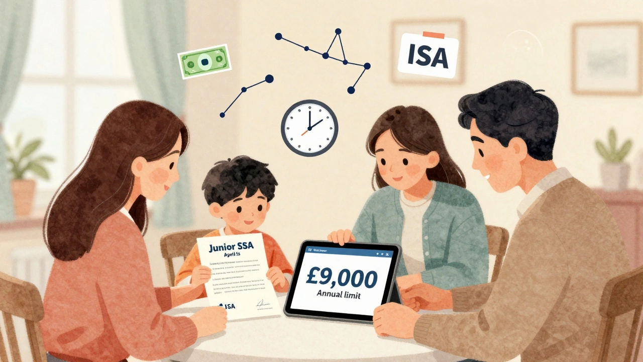 Family reviewing a Junior ISA certificate with annual allowance icons and a deadline clock nearby.