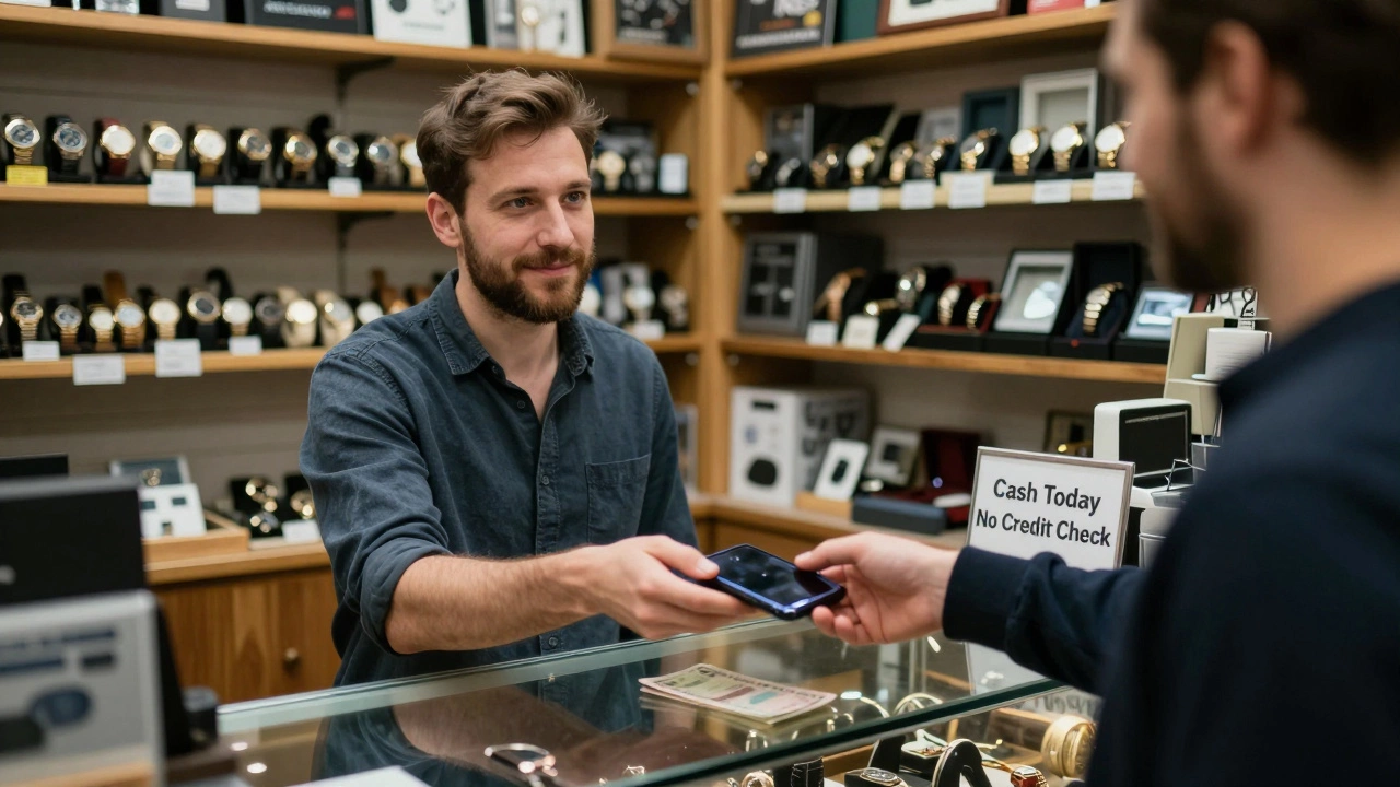 Man handing over a smartphone to a pawn shop clerk receiving cash in return.