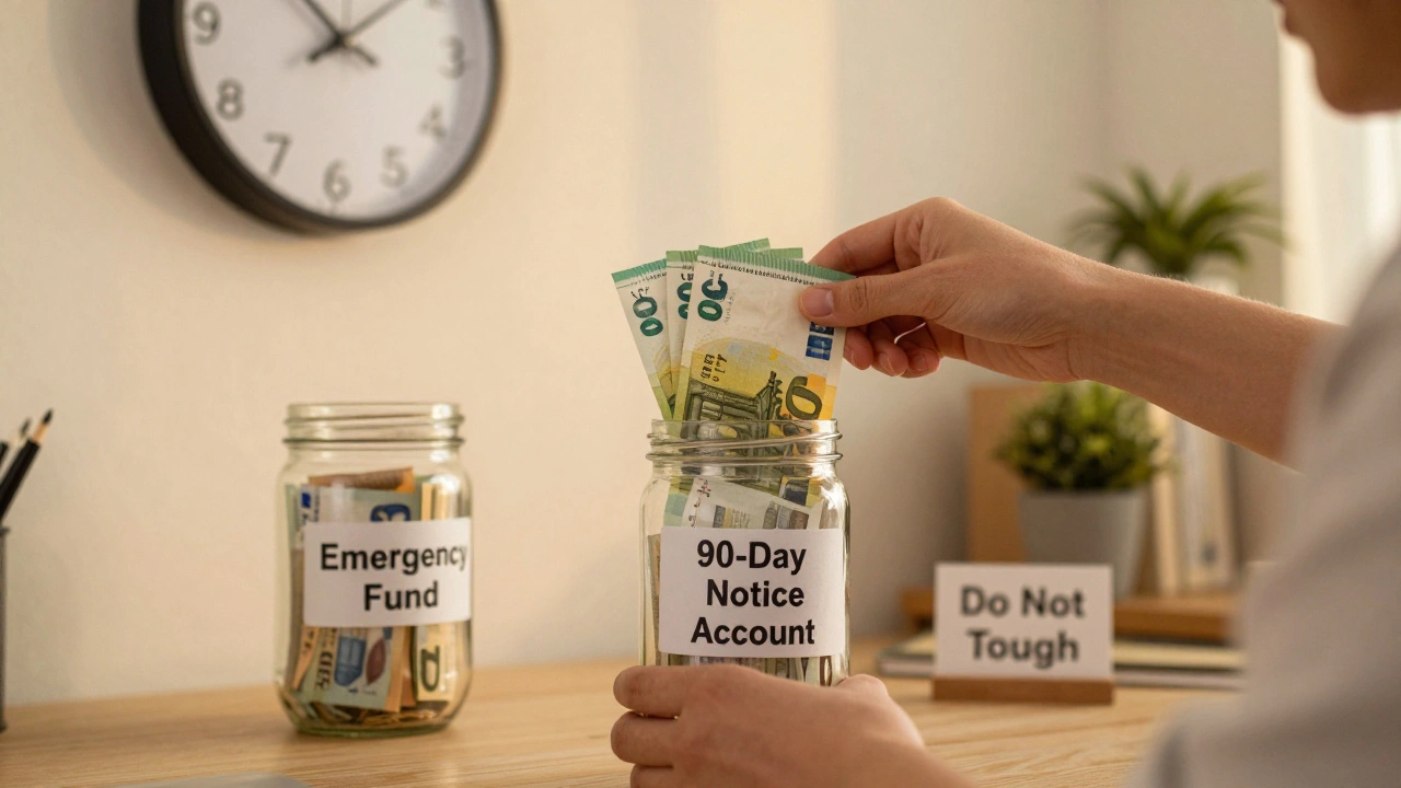 Person depositing cash into a labeled jar with a 90-day countdown clock nearby.