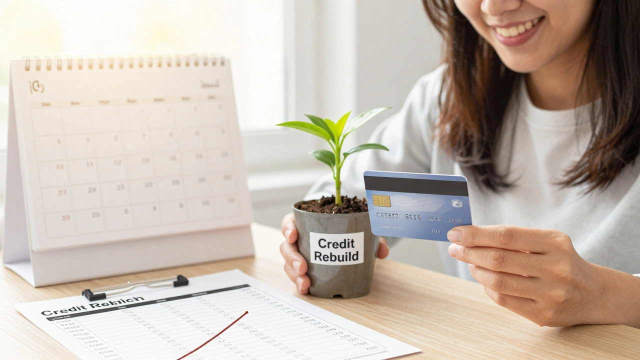 Person holding a secured credit card with a growing plant, symbolizing credit rebuilding.