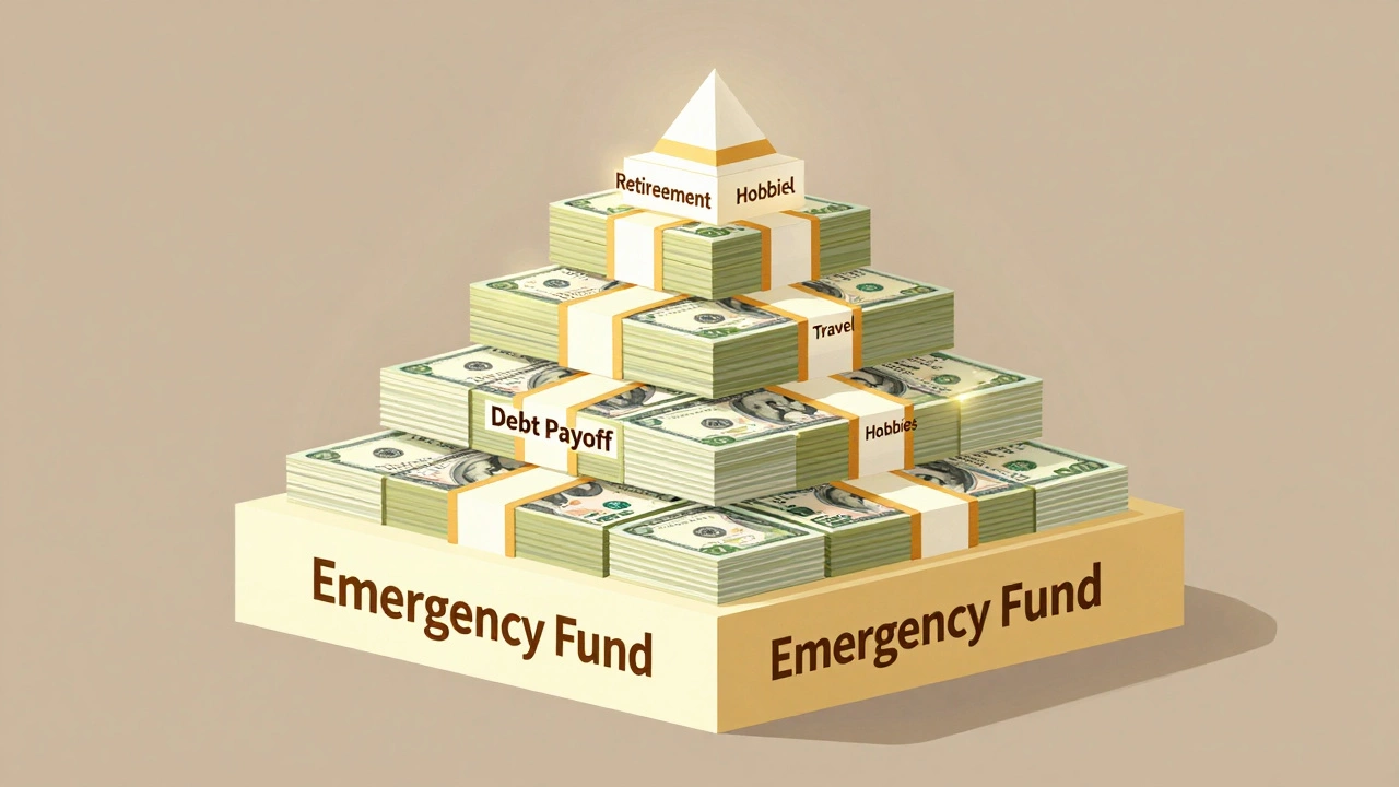 Pyramid of finances with a strong emergency fund base and smaller financial goals stacked above.