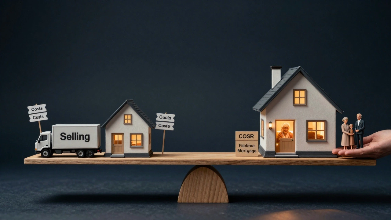 Scale balancing selling costs against staying home with lifetime mortgage and family inheritance.