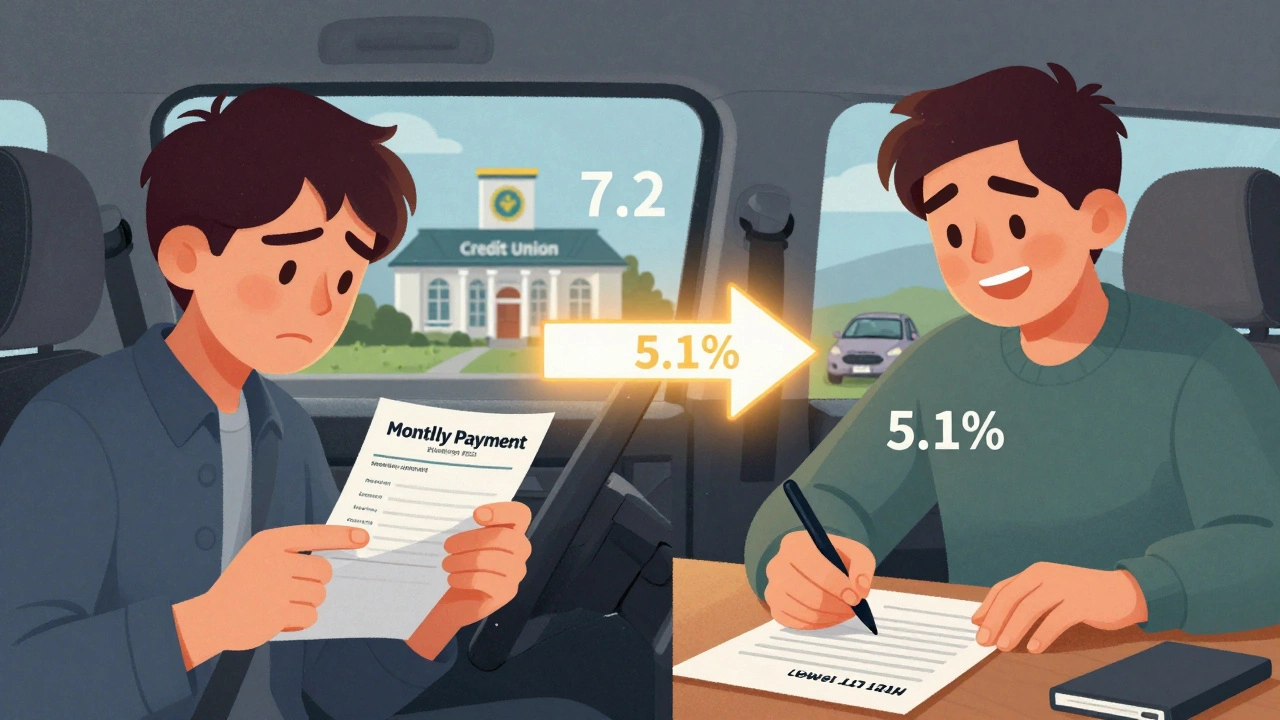 Split image showing transition from high car payment stress to relief after rate reduction.