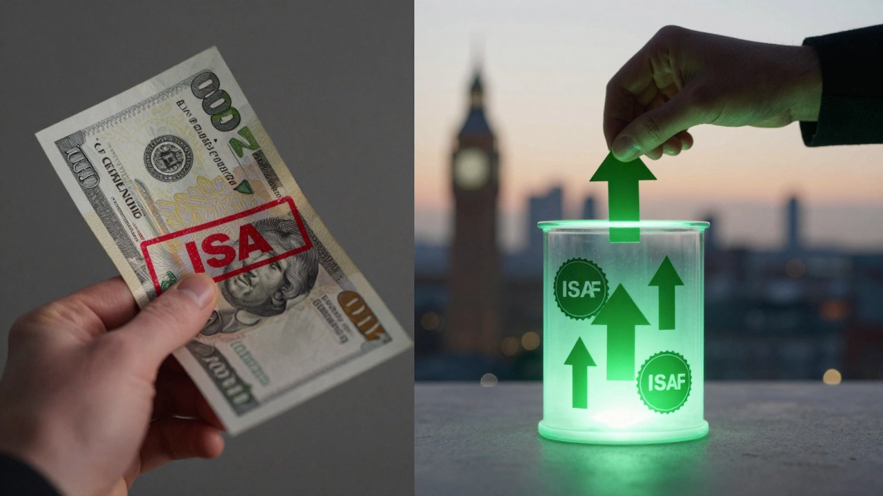 Split scene comparing taxed savings on the left to tax-free ISA growth on the right with UK skyline in background.