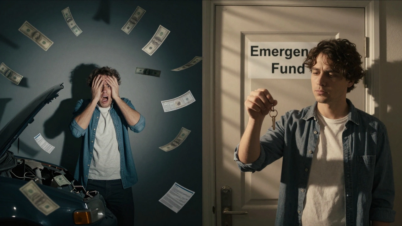 Split scene: left shows financial chaos, right shows calm security with a key and glowing emergency fund door.