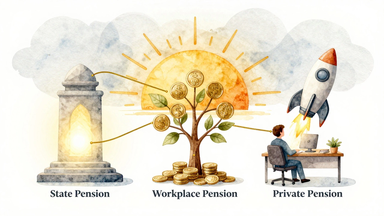 Three symbolic pension types — state, workplace, and private — merging into a golden sunset.