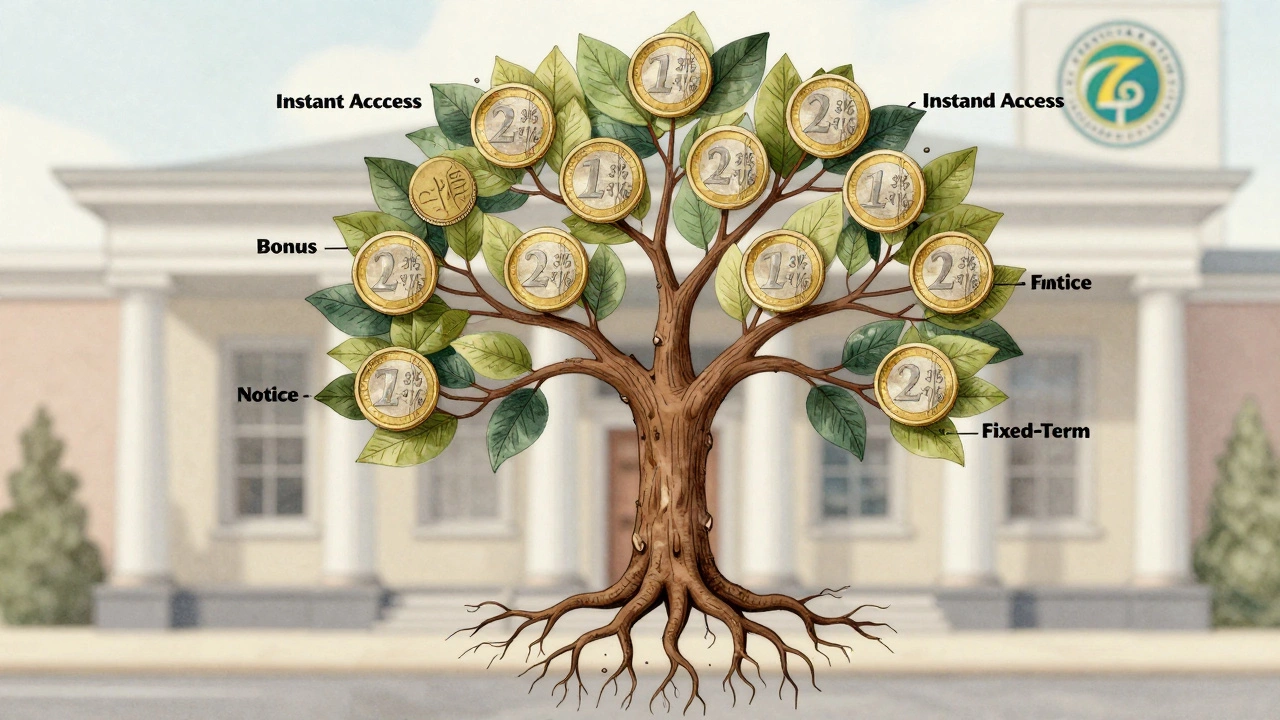 Tree with branches representing types of savings accounts, each ending in euro coin leaves.