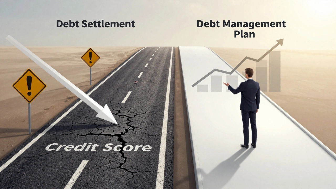 Two contrasting paths showing debt settlement damage versus debt management recovery.