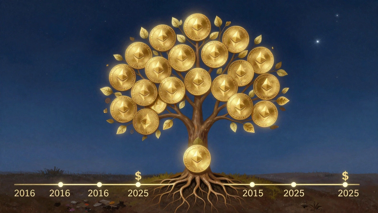 A glowing tree of cryptocurrency tokens growing from a Bitcoin root, symbolizing long-term compound growth over time.