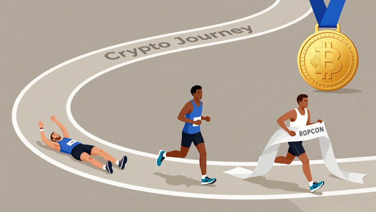A marathon race track representing the crypto journey, with runners at different stages of endurance.