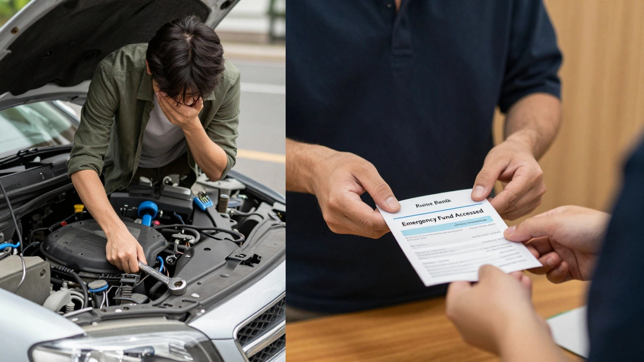 A person facing a broken car on one side, and calmly withdrawing from an emergency fund on the other, symbolizing financial security.