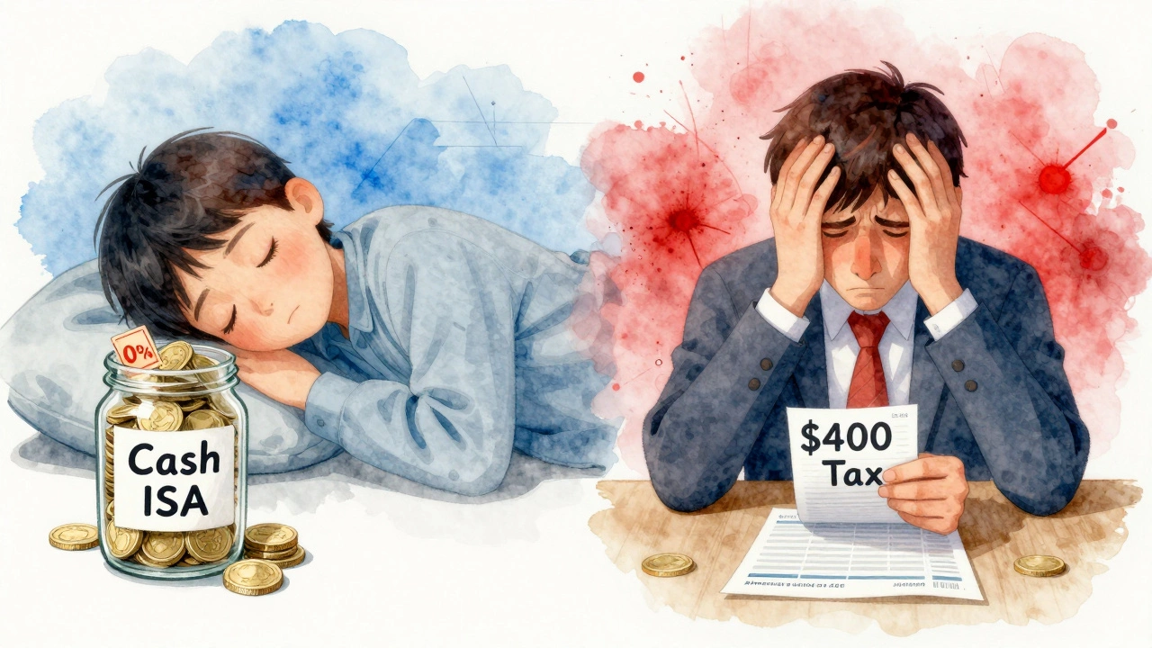 A split image contrasting a peaceful tax-free ISA savings jar with a stressed person paying taxes on interest.