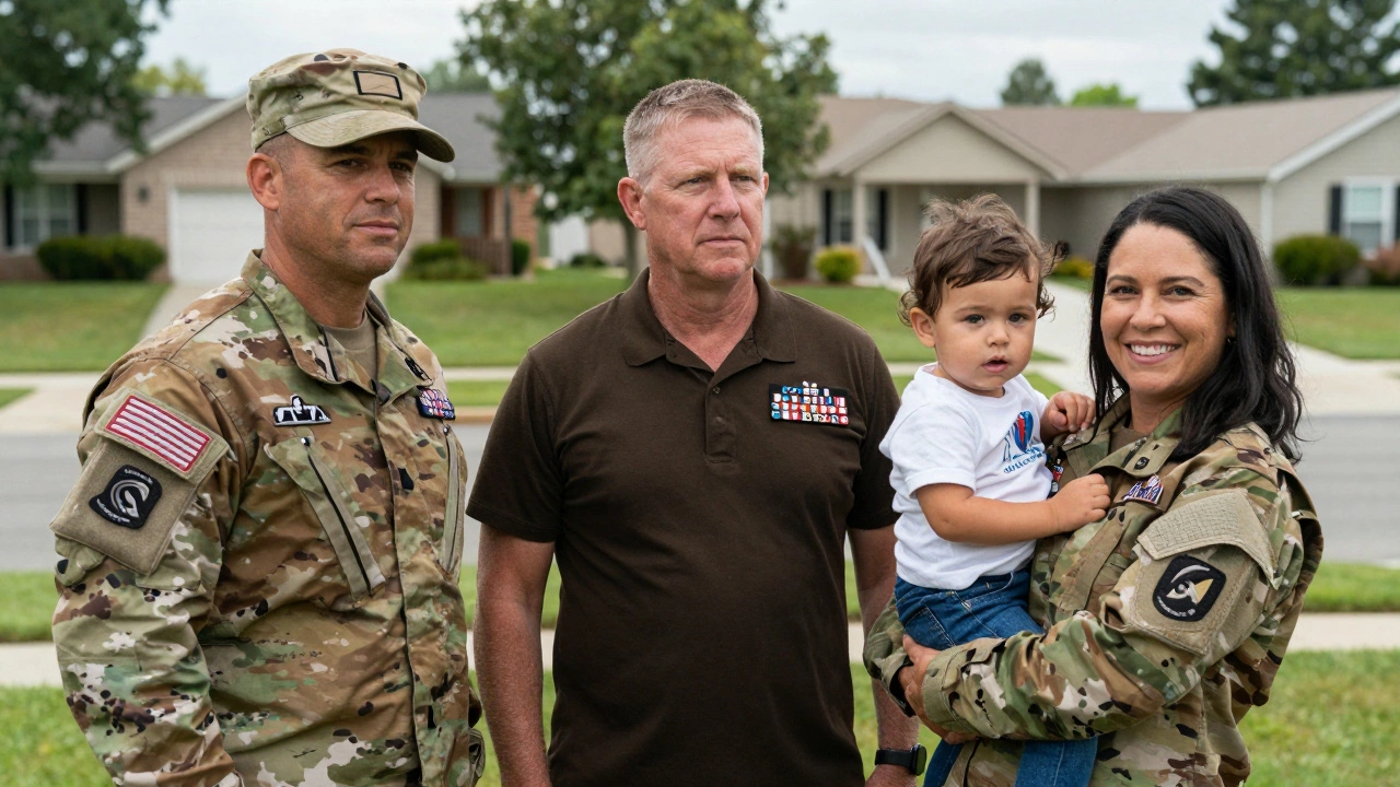 Active duty soldier, retired veteran, and spouse with child in suburban neighborhood.