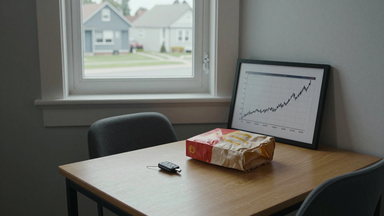 An empty table with a car key, fast food bag, and stock chart photo, representing Buffett's life of freedom.