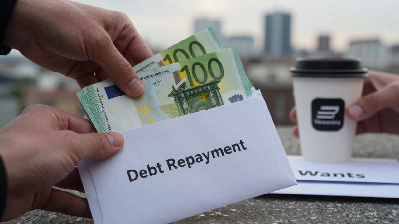 Hand placing cash into a debt repayment envelope while removing lifestyle items from a wants pile.