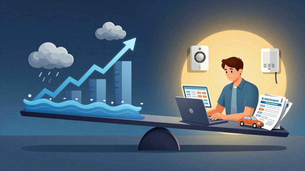 Illustration of rising insurance costs versus proactive homeowner actions to save money.