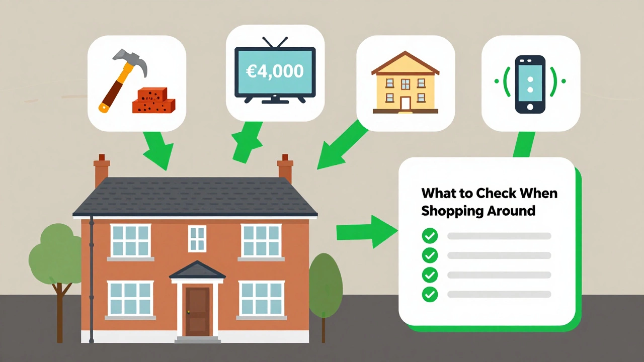 Irish home with floating insurance coverage icons showing rebuild cost, contents, and smart alarm benefits.